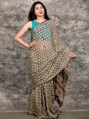 Ivory Black Hand Block Printed Chiffon Saree with Zari Border - S031703223