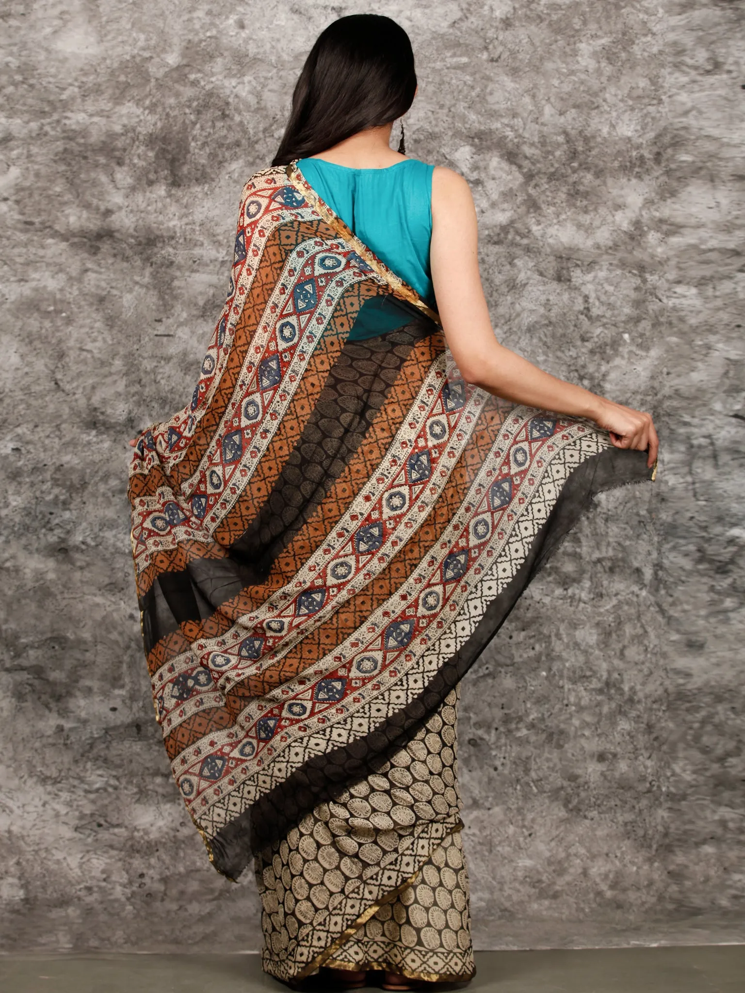 Ivory Black Hand Block Printed Chiffon Saree with Zari Border - S031703223