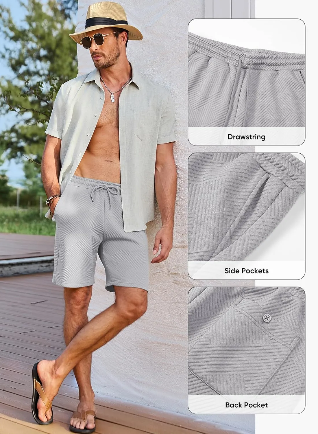 JMIERR Mens Casual 7" Shorts Summer Drawstring Elastic Waist Beach Sweat Shorts Texture with Pockets