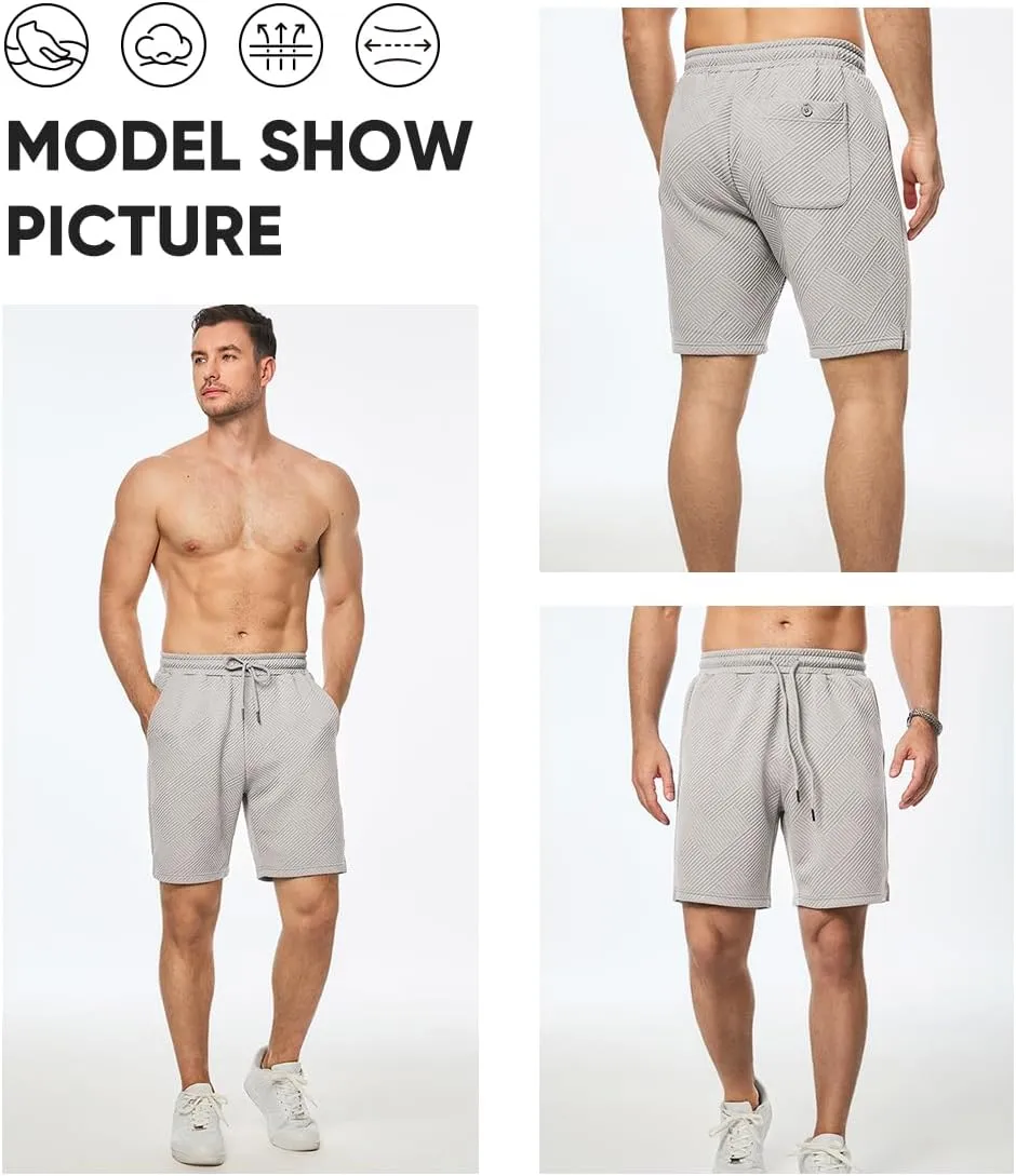 JMIERR Mens Casual 7" Shorts Summer Drawstring Elastic Waist Beach Sweat Shorts Texture with Pockets