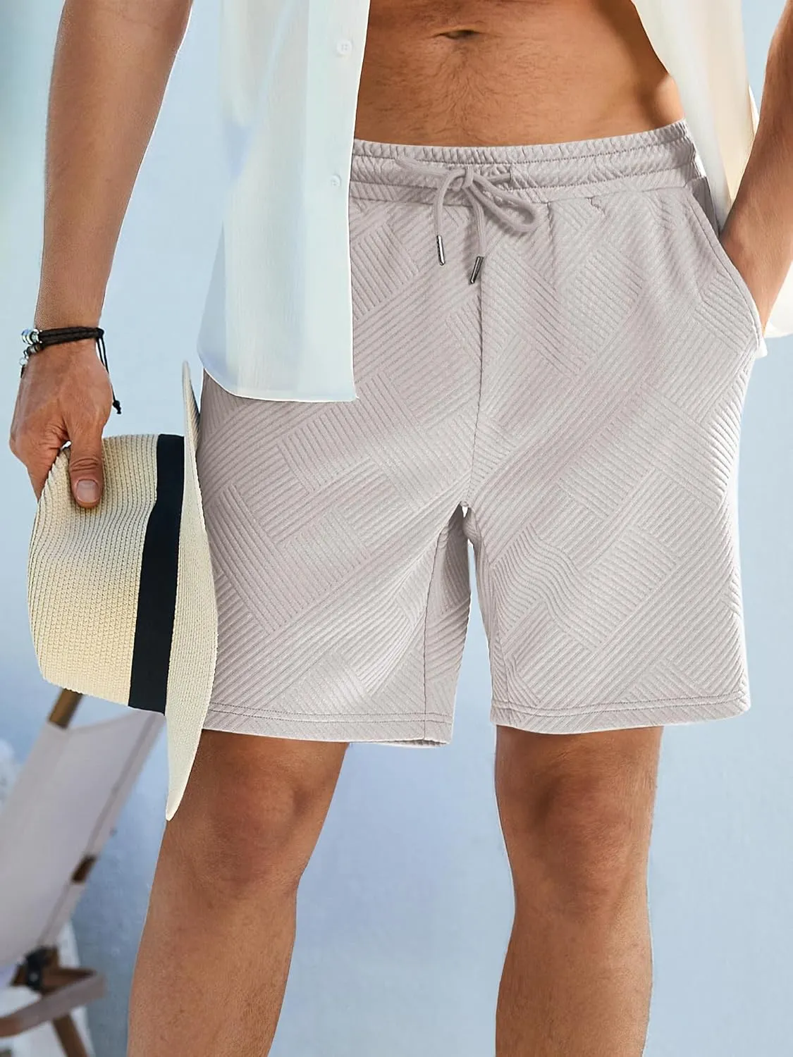 JMIERR Mens Casual 7" Shorts Summer Drawstring Elastic Waist Beach Sweat Shorts Texture with Pockets