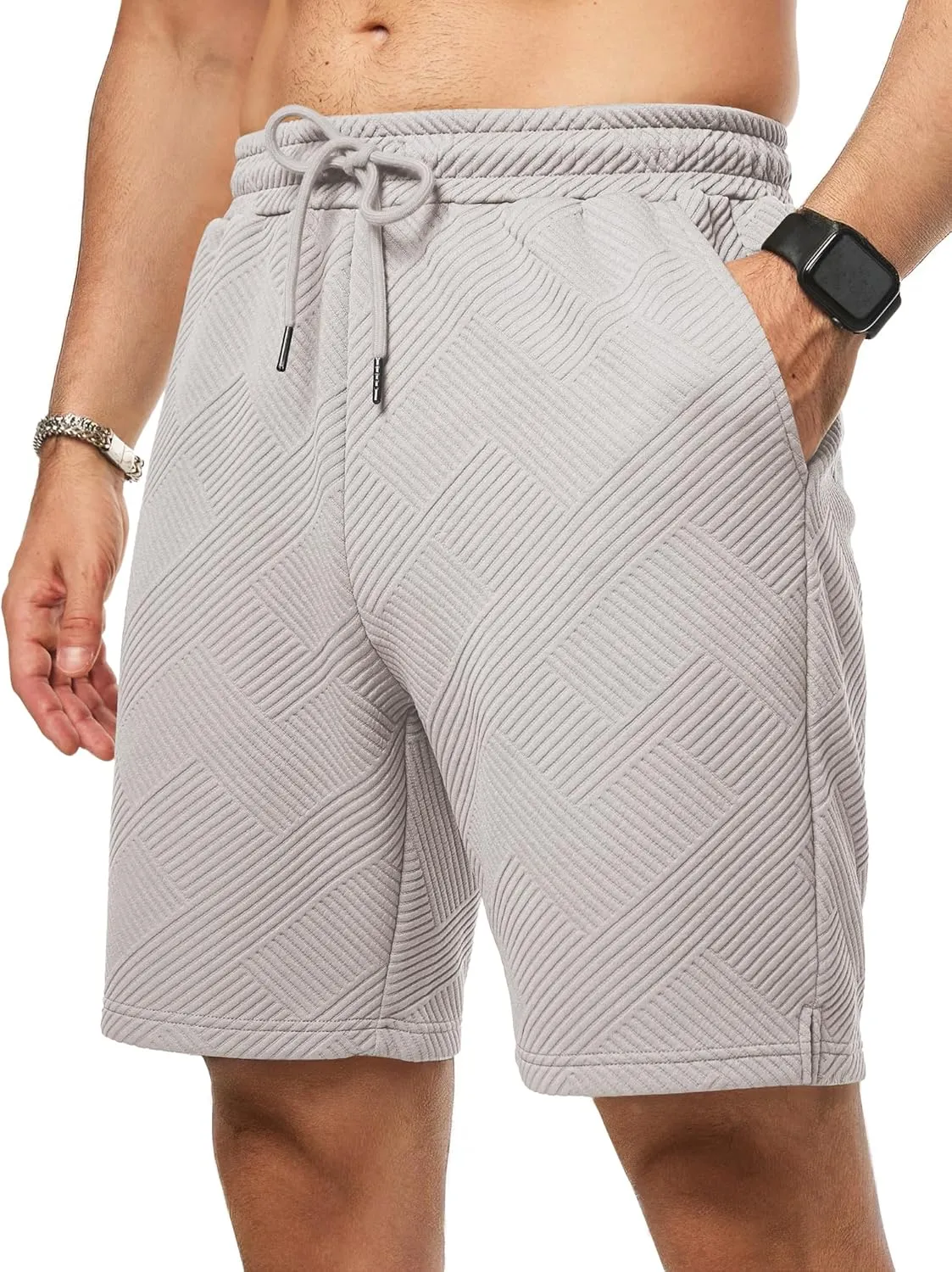 JMIERR Mens Casual 7" Shorts Summer Drawstring Elastic Waist Beach Sweat Shorts Texture with Pockets