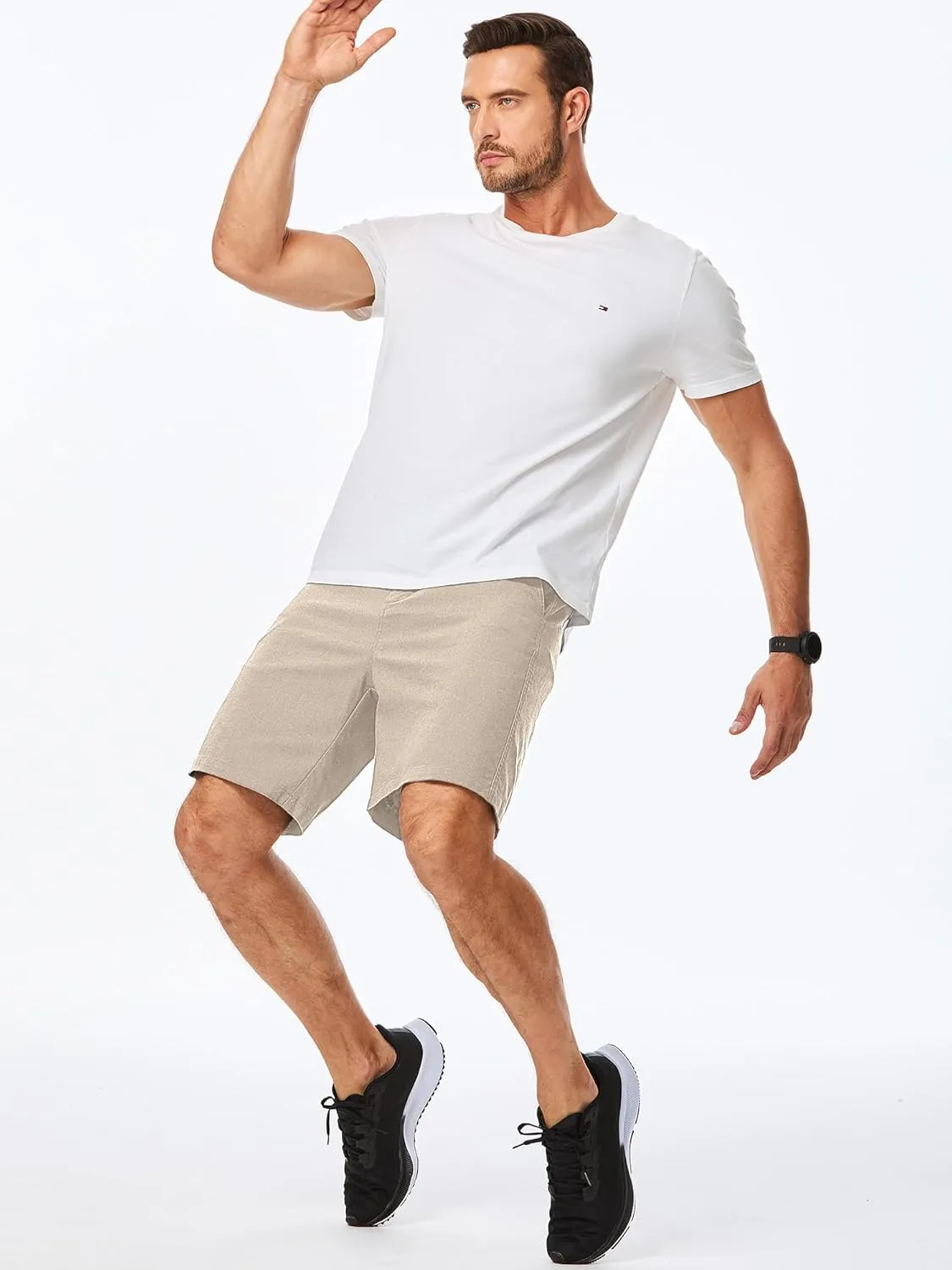 JMIERR Mens Casual 8" Cotton Linen Shorts - Button Waist Summer Beach Shorts with Pockets