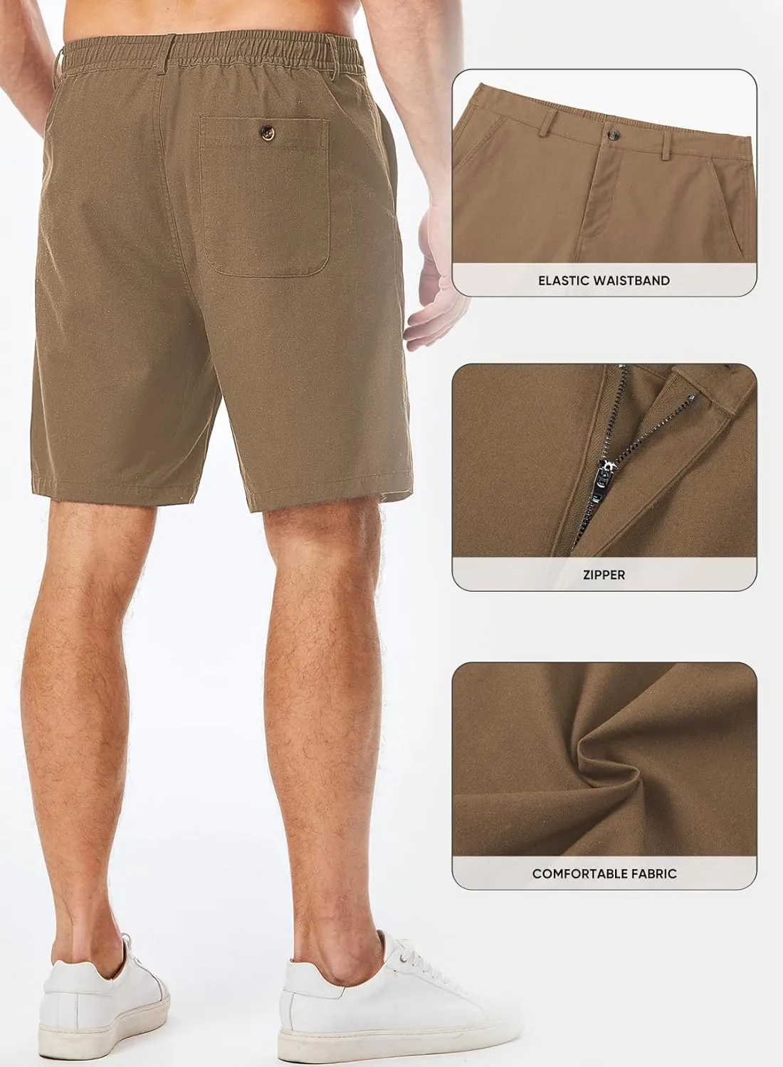 JMIERR Mens Casual 8" Cotton Linen Shorts - Button Waist Summer Beach Shorts with Pockets