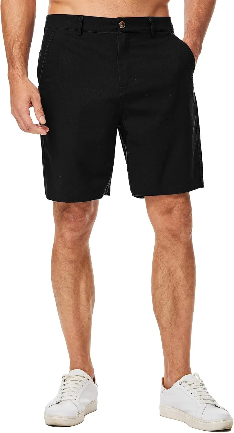 JMIERR Mens Casual 8" Cotton Linen Shorts - Button Waist Summer Beach Shorts with Pockets