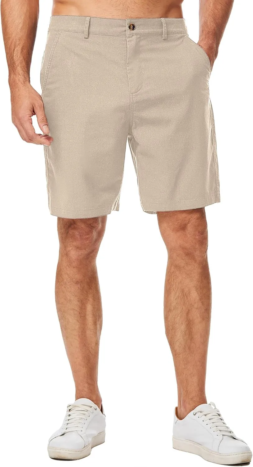 JMIERR Mens Casual 8" Cotton Linen Shorts - Button Waist Summer Beach Shorts with Pockets