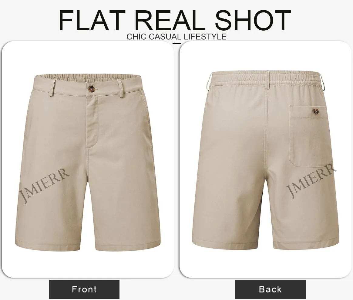 JMIERR Mens Casual 8" Cotton Linen Shorts - Button Waist Summer Beach Shorts with Pockets