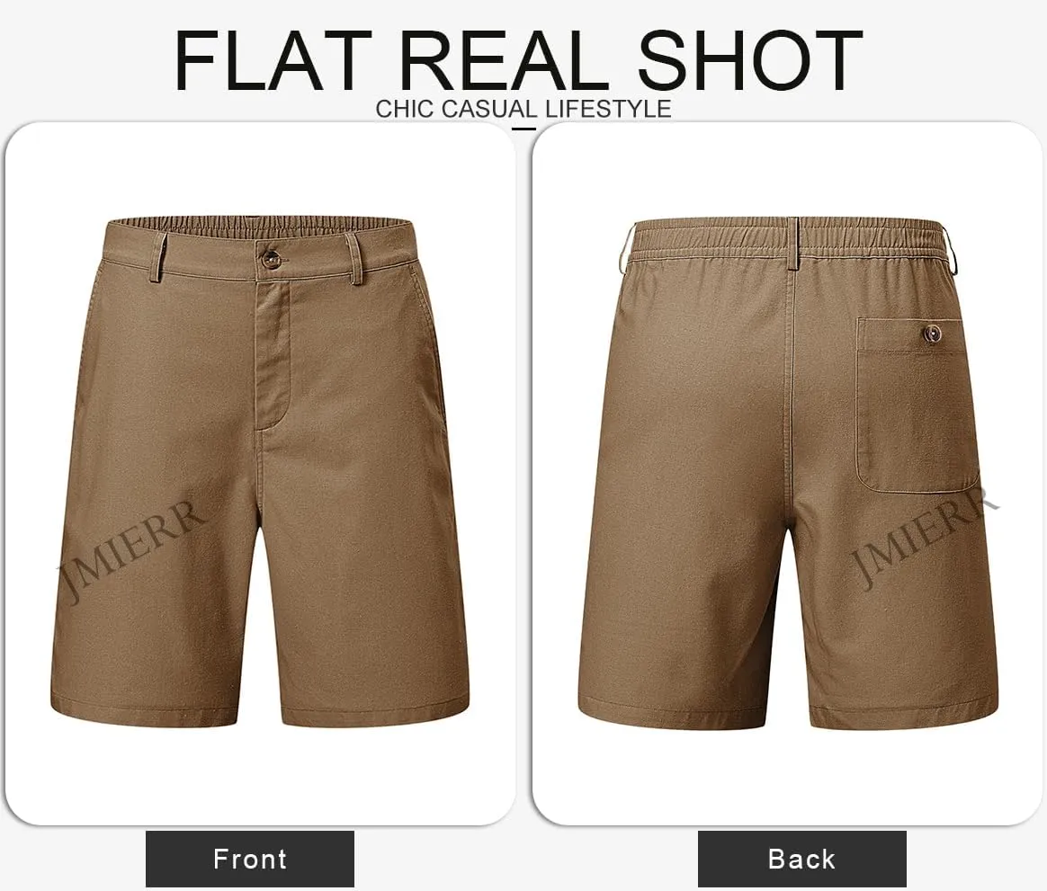 JMIERR Mens Casual 8" Cotton Linen Shorts - Button Waist Summer Beach Shorts with Pockets