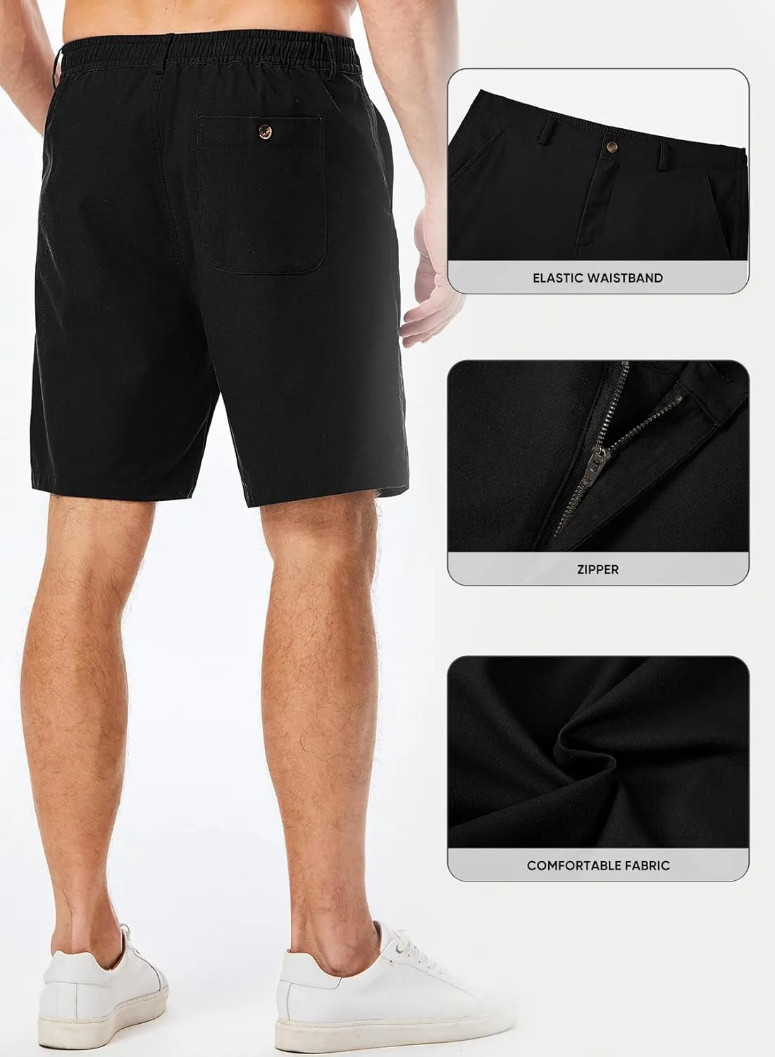 JMIERR Mens Casual 8" Cotton Linen Shorts - Button Waist Summer Beach Shorts with Pockets