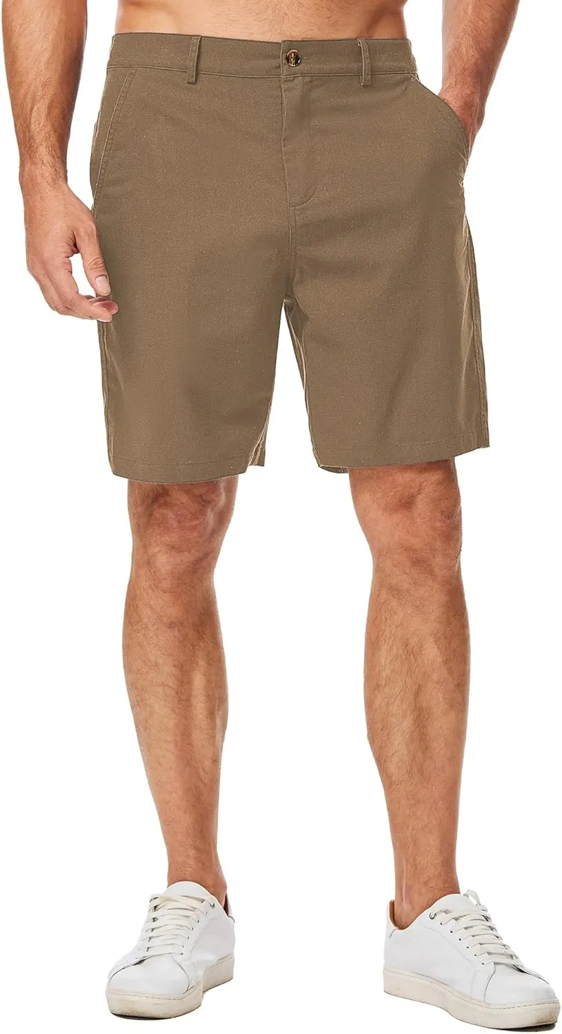 JMIERR Mens Casual 8" Cotton Linen Shorts - Button Waist Summer Beach Shorts with Pockets