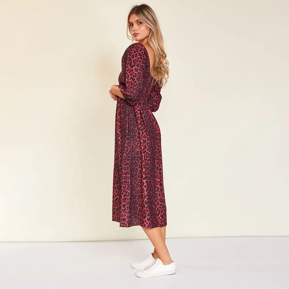 Kadie Leopard Dress (Burgundy)