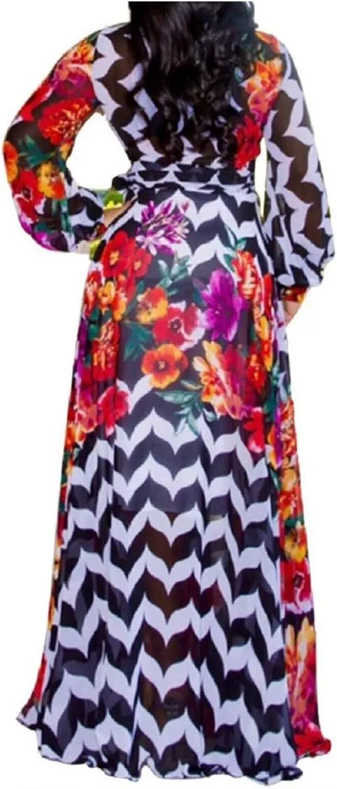 lvenzse Womens Maxi Dress Boho Chiffon Floral Printed Long Party Dresses Plus Size with Belt (FBA)