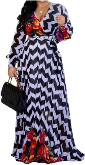 lvenzse Womens Maxi Dress Boho Chiffon Floral Printed Long Party Dresses Plus Size with Belt (FBA)