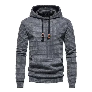 MEN'S CASUAL LARGE POCKET PULLOVER, SMALL SQUARE JACQUARD SOLID COLOR HOODED SWEATSHIRT