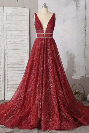 Metallic Ruby Glitter Plunging V-neck Designer Unique Formal Dress