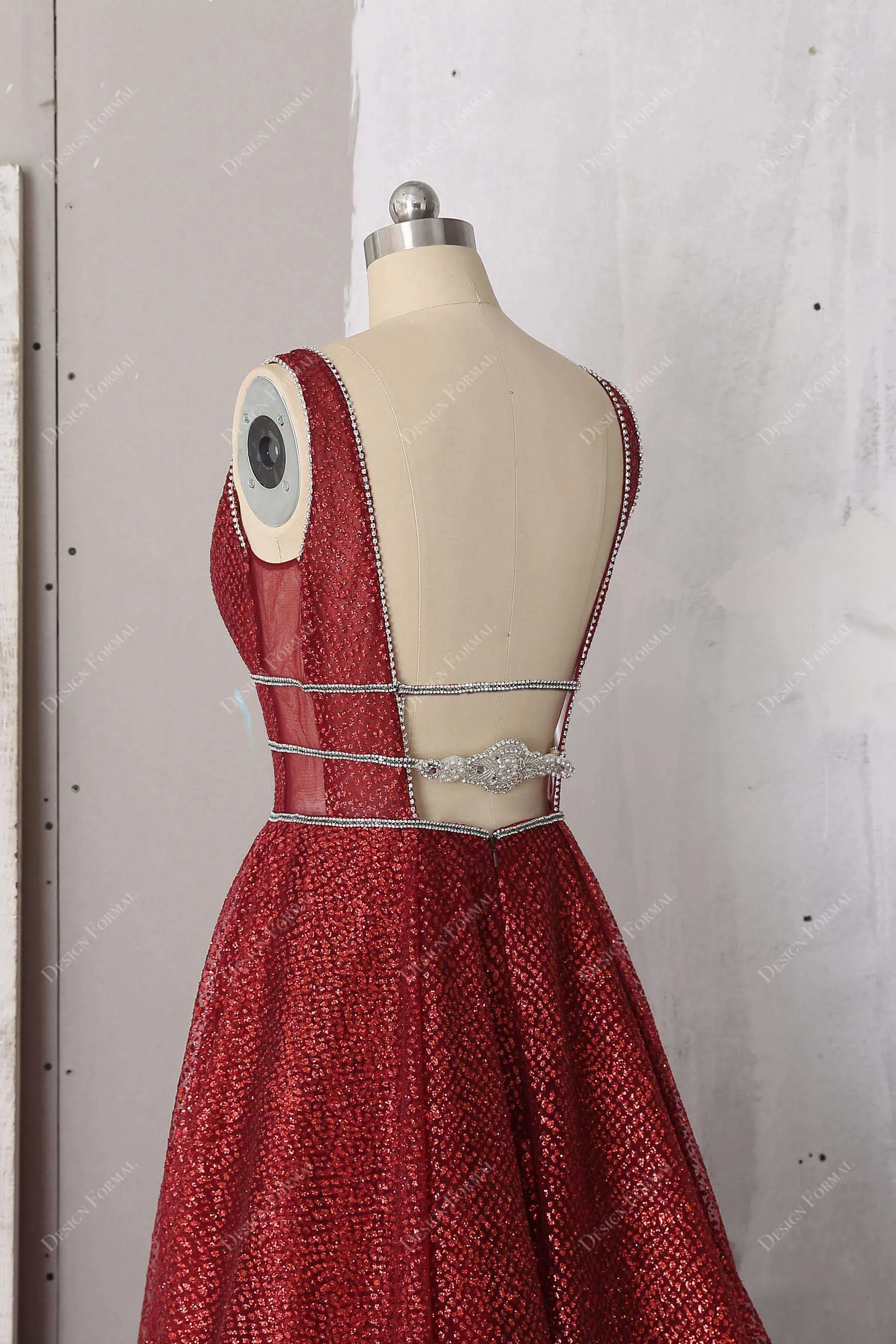 Metallic Ruby Glitter Plunging V-neck Designer Unique Formal Dress