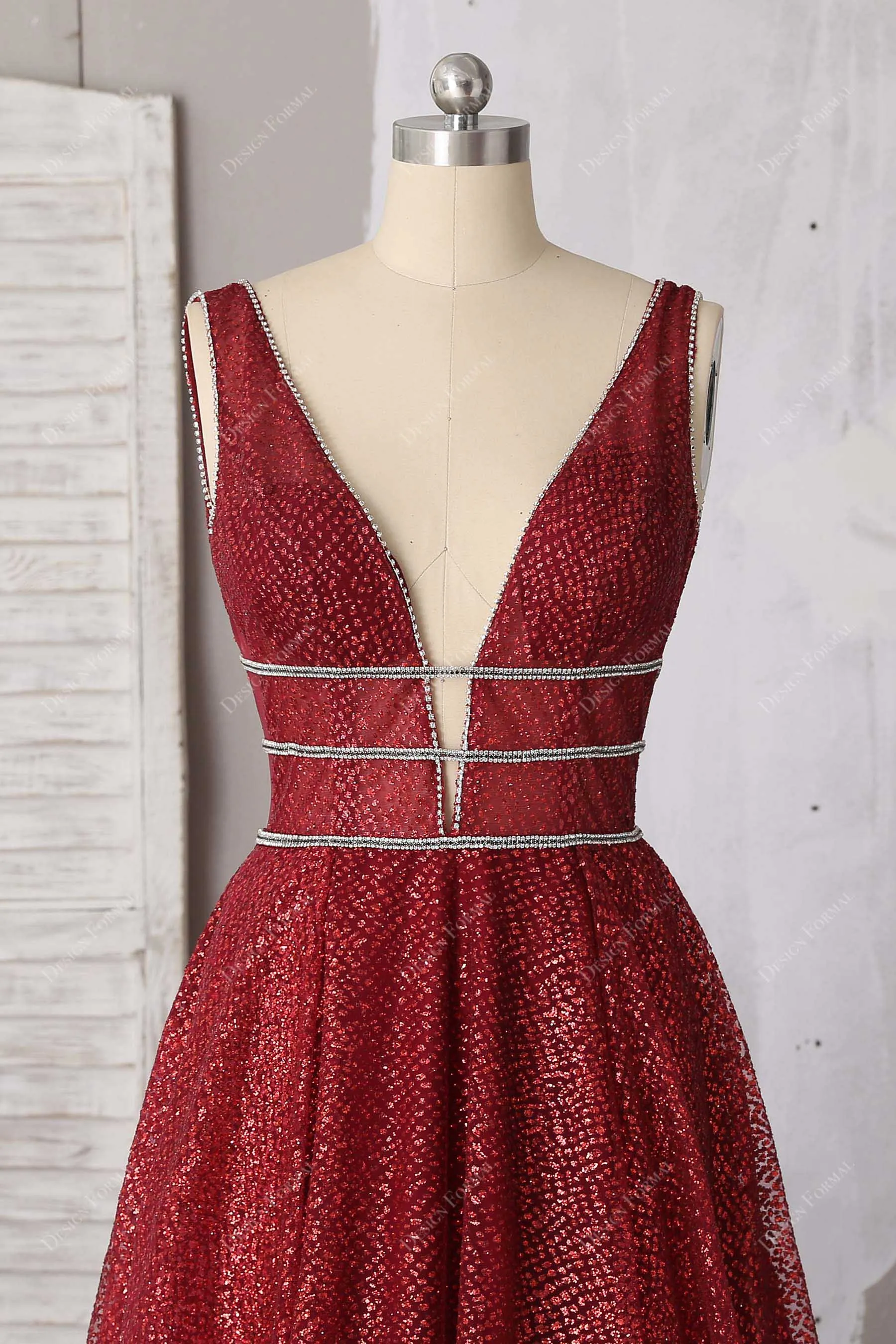 Metallic Ruby Glitter Plunging V-neck Designer Unique Formal Dress