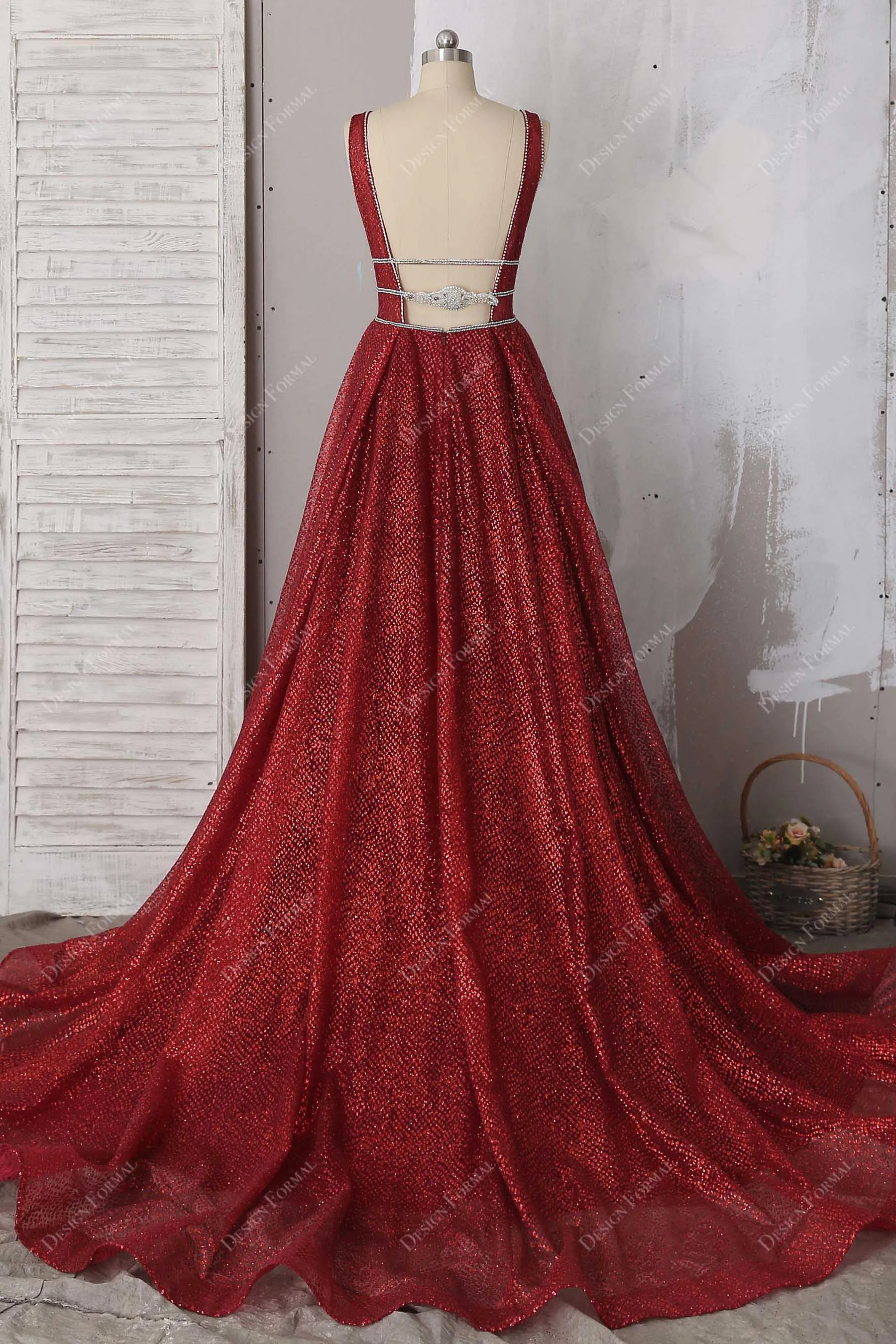 Metallic Ruby Glitter Plunging V-neck Designer Unique Formal Dress