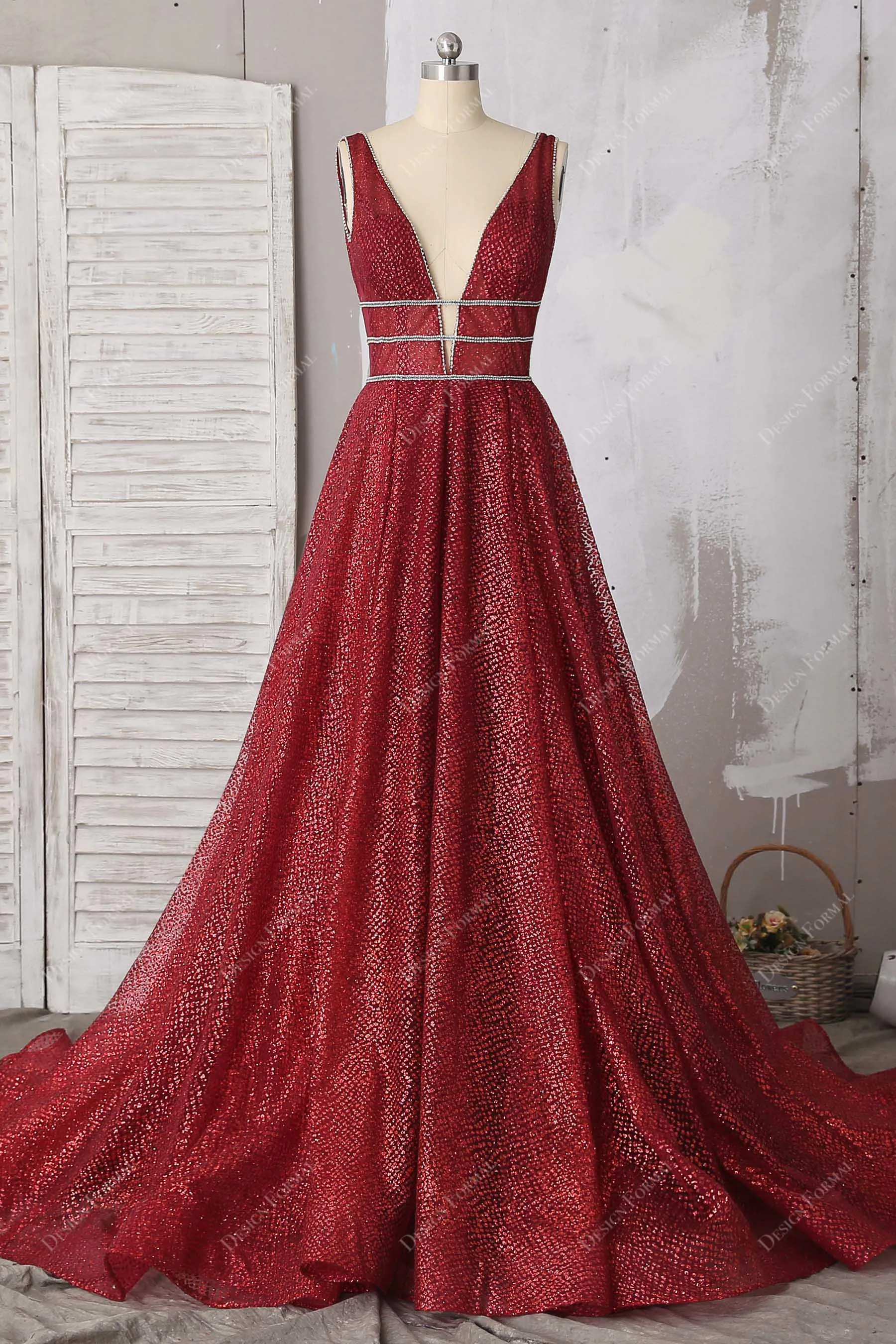 Metallic Ruby Glitter Plunging V-neck Designer Unique Formal Dress