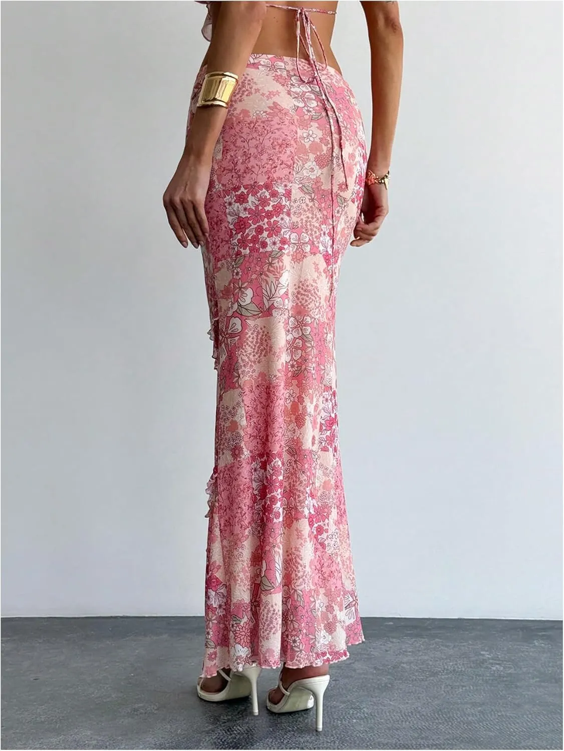 Milumia Women's Floral Print Ruffle Trim Long Skirt Patchwork Bodycon Maxi Skirts