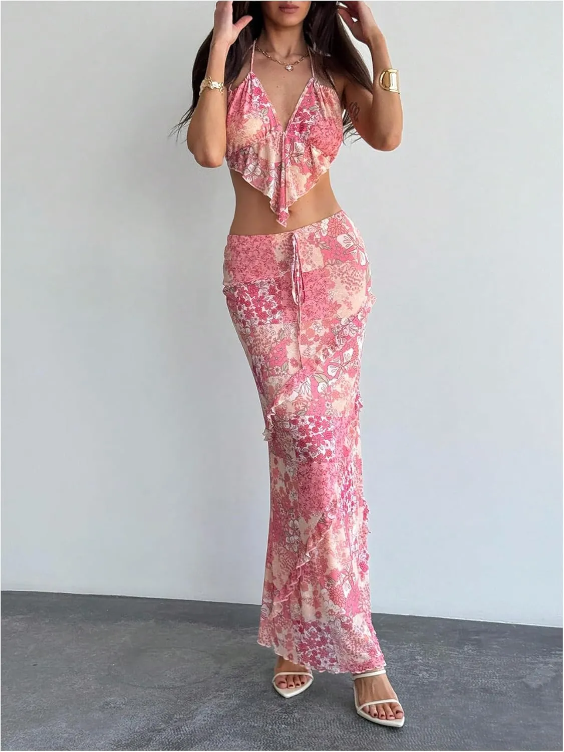 Milumia Women's Floral Print Ruffle Trim Long Skirt Patchwork Bodycon Maxi Skirts