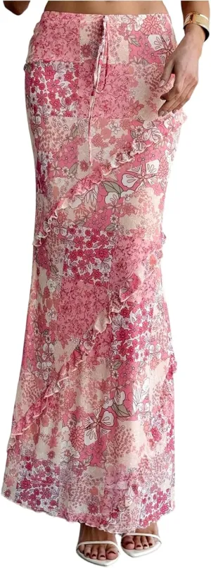 Milumia Women's Floral Print Ruffle Trim Long Skirt Patchwork Bodycon Maxi Skirts