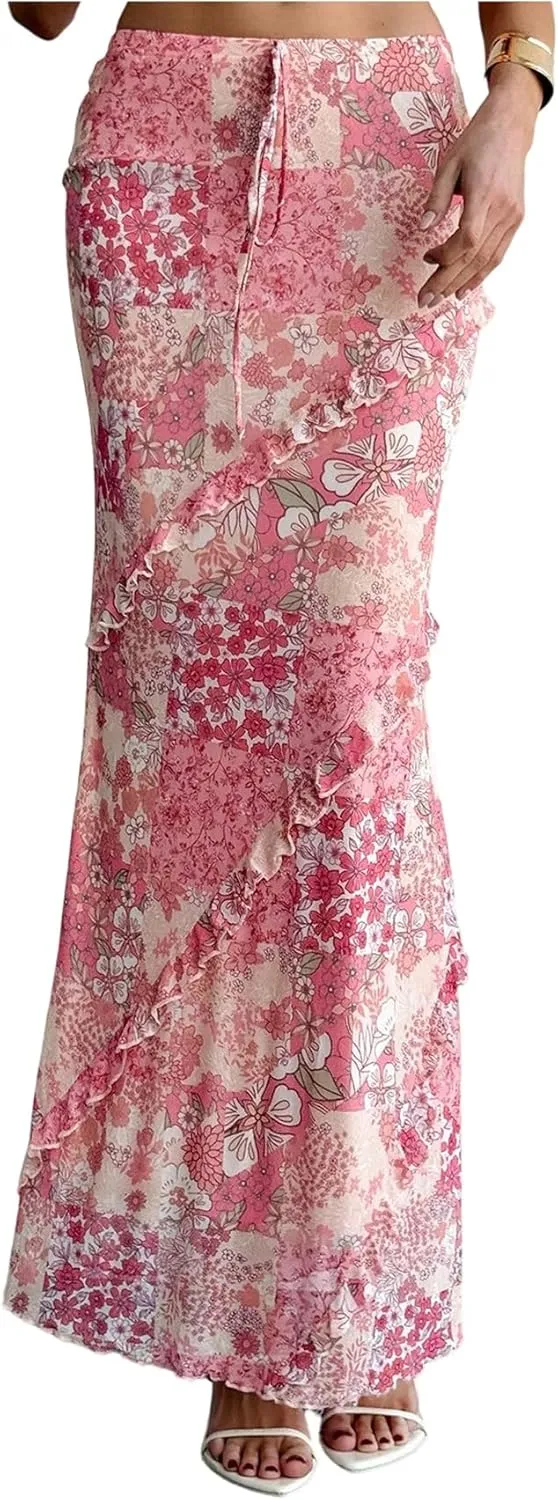 Milumia Women's Floral Print Ruffle Trim Long Skirt Patchwork Bodycon Maxi Skirts