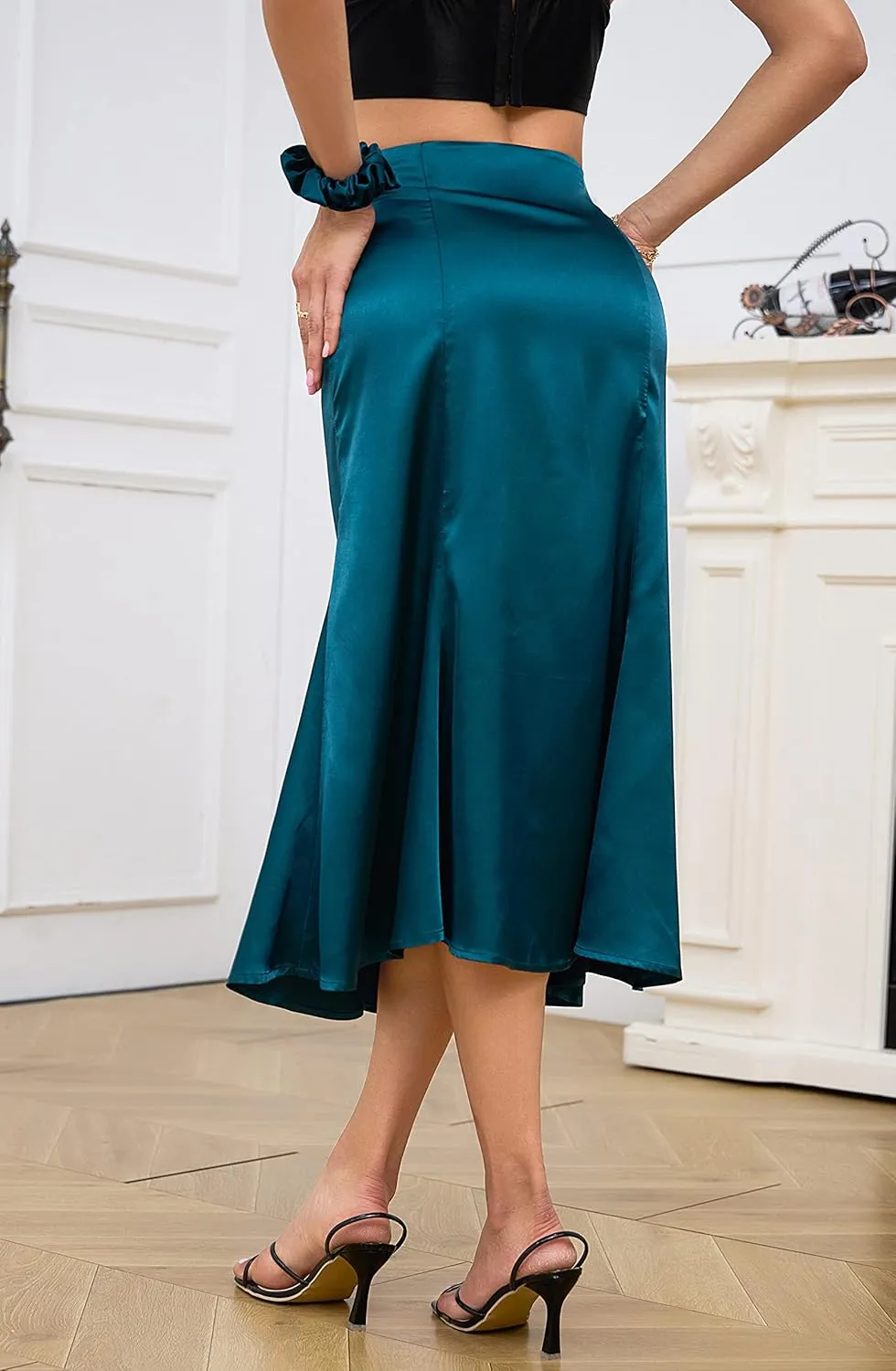 Mist Azur Womens Satin Midi Skirt High Waisted A Line Silky Flared Bodycon Skirt MA213