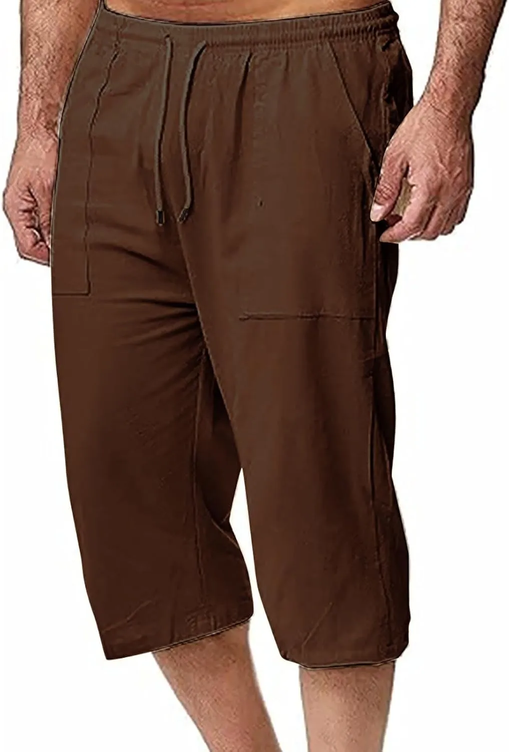 Muscularfit Mens Linen Shorts Capri Pants Baggy Drawstring Elastic Waist Beach Summer Cotton Linen Athletic Shorts Pockets