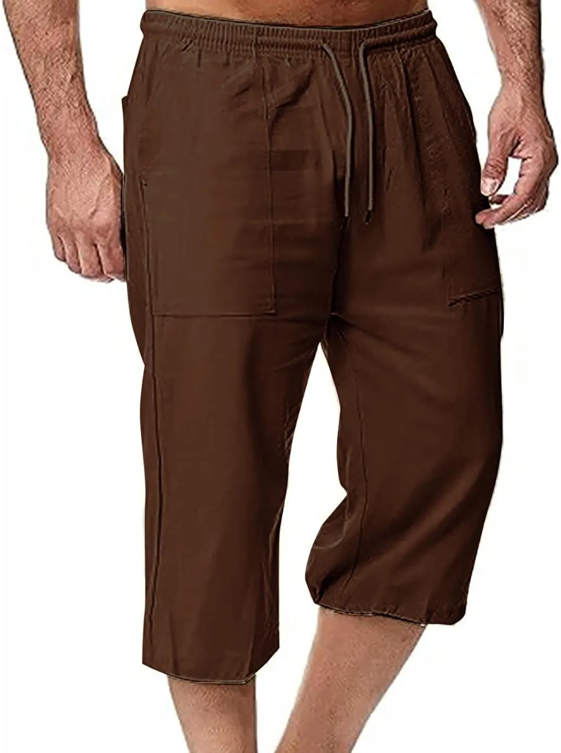 Muscularfit Mens Linen Shorts Capri Pants Baggy Drawstring Elastic Waist Beach Summer Cotton Linen Athletic Shorts Pockets
