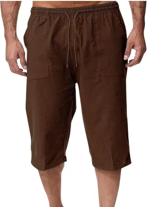 Muscularfit Mens Linen Shorts Capri Pants Baggy Drawstring Elastic Waist Beach Summer Cotton Linen Athletic Shorts Pockets