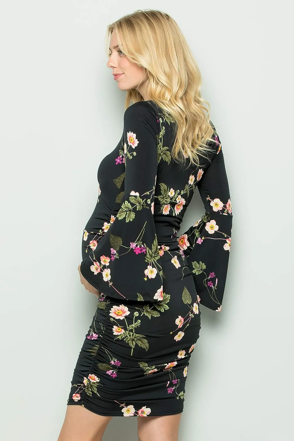 My Bump Women's Maternity Dress - Printed Fitted Stretch Bell Sleeve W/Ruched
