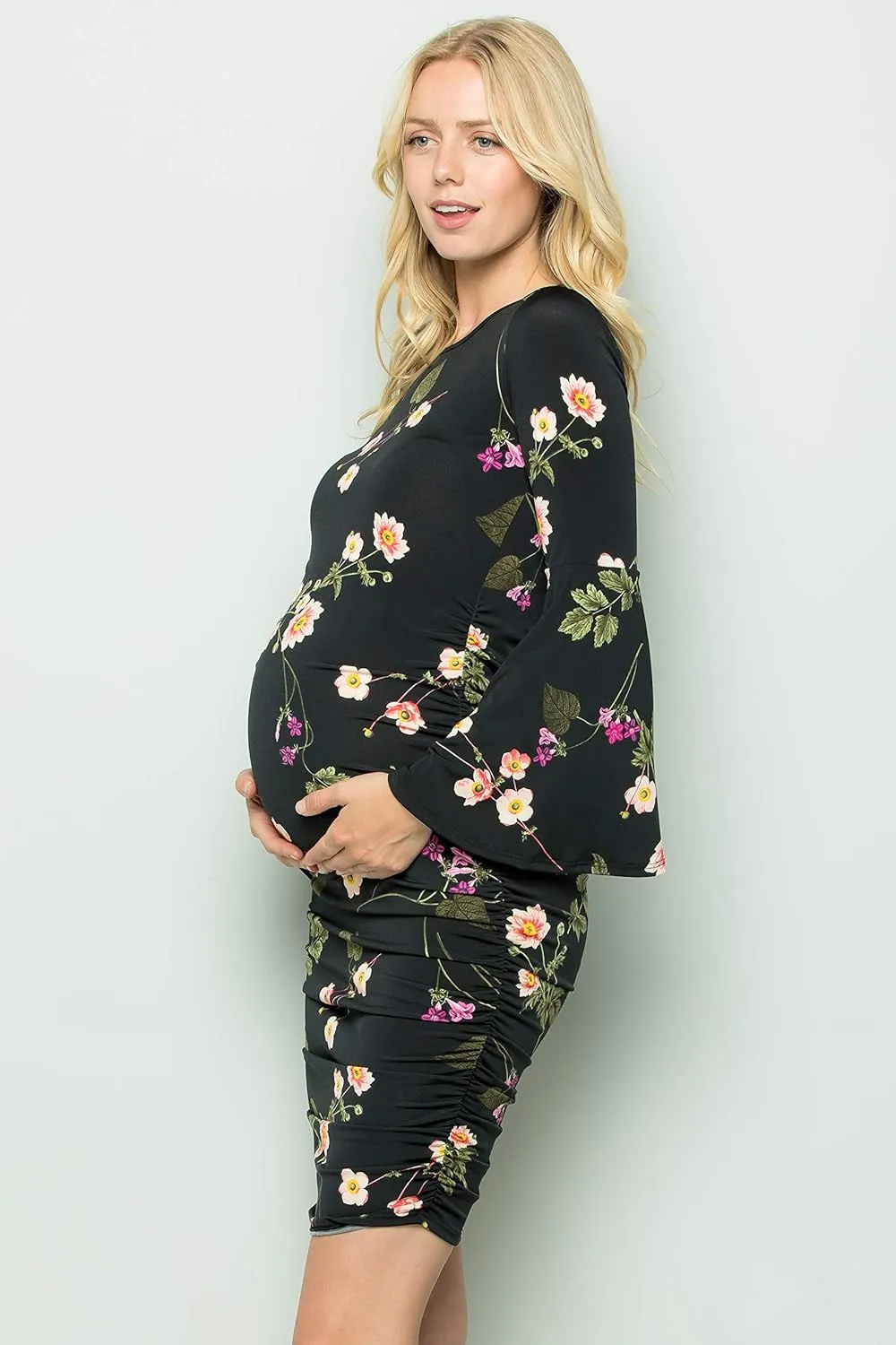My Bump Women's Maternity Dress - Printed Fitted Stretch Bell Sleeve W/Ruched
