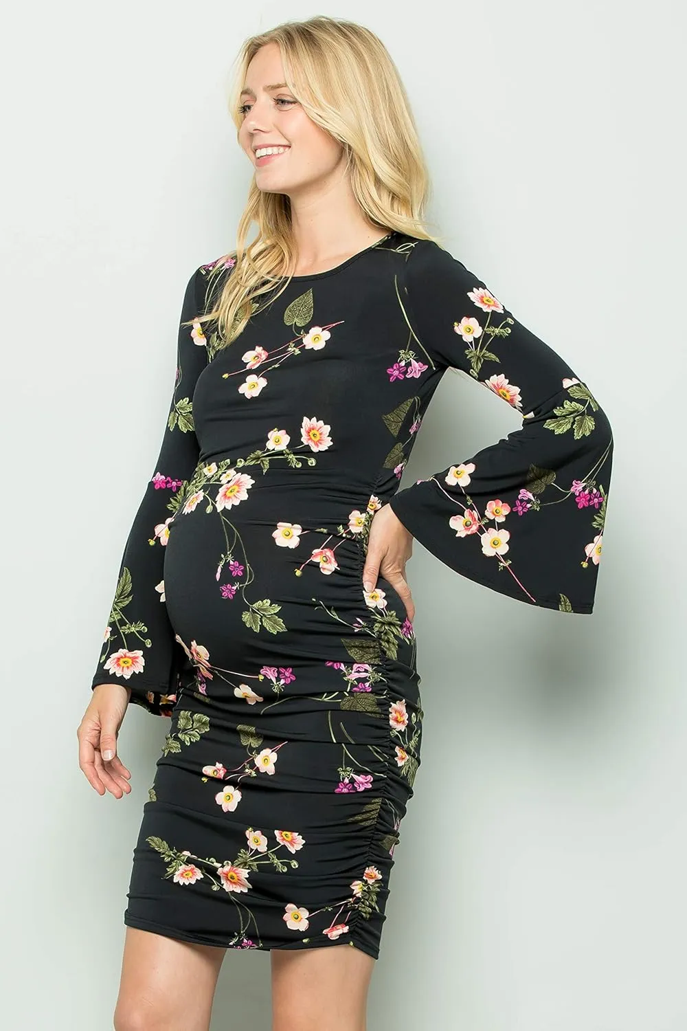My Bump Women's Maternity Dress - Printed Fitted Stretch Bell Sleeve W/Ruched