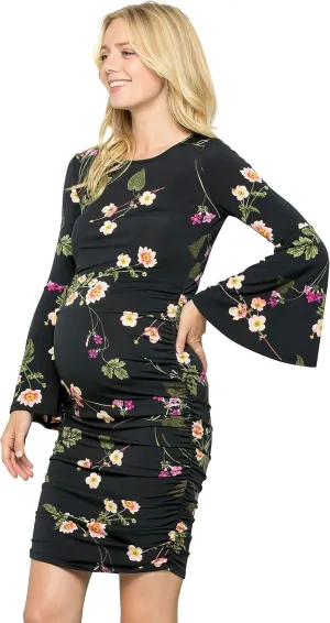 My Bump Women's Maternity Dress - Printed Fitted Stretch Bell Sleeve W/Ruched