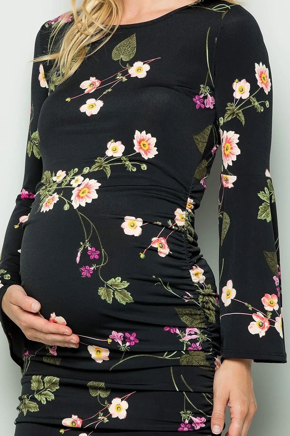 My Bump Women's Maternity Dress - Printed Fitted Stretch Bell Sleeve W/Ruched