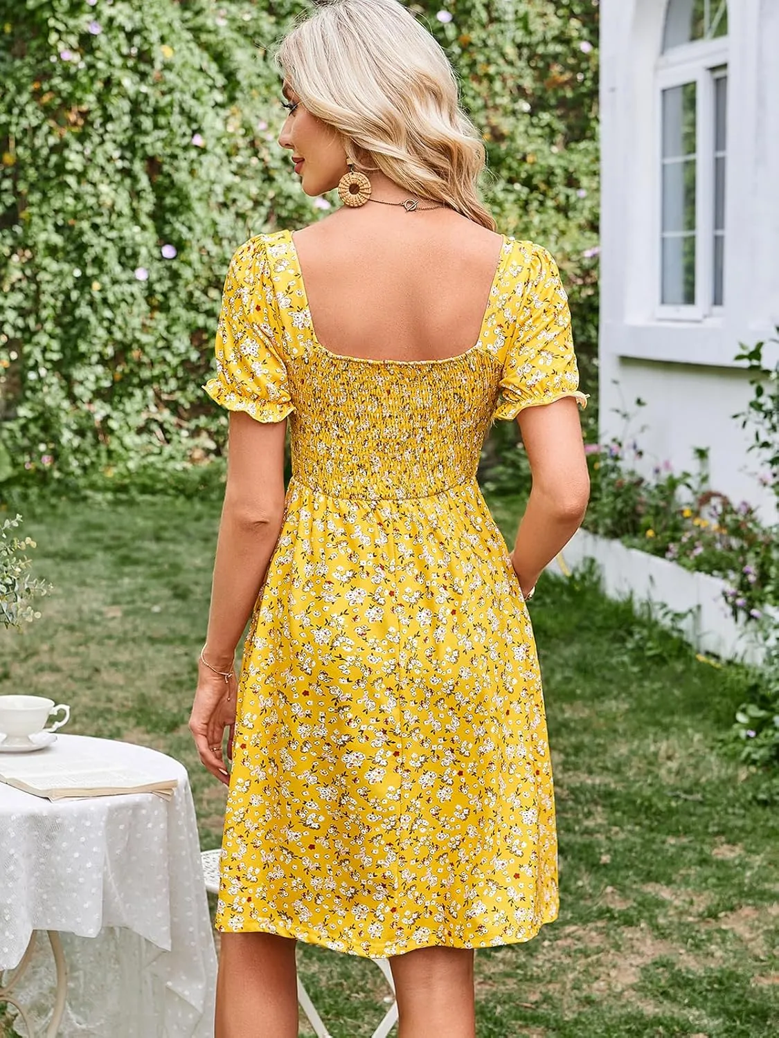 Naggoo Women's Summer Dresses Puff Short Sleeve Square Neck Casual Boho Floral Smocked A Line Flowy Beach Dresses