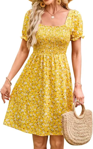 Naggoo Women's Summer Dresses Puff Short Sleeve Square Neck Casual Boho Floral Smocked A Line Flowy Beach Dresses