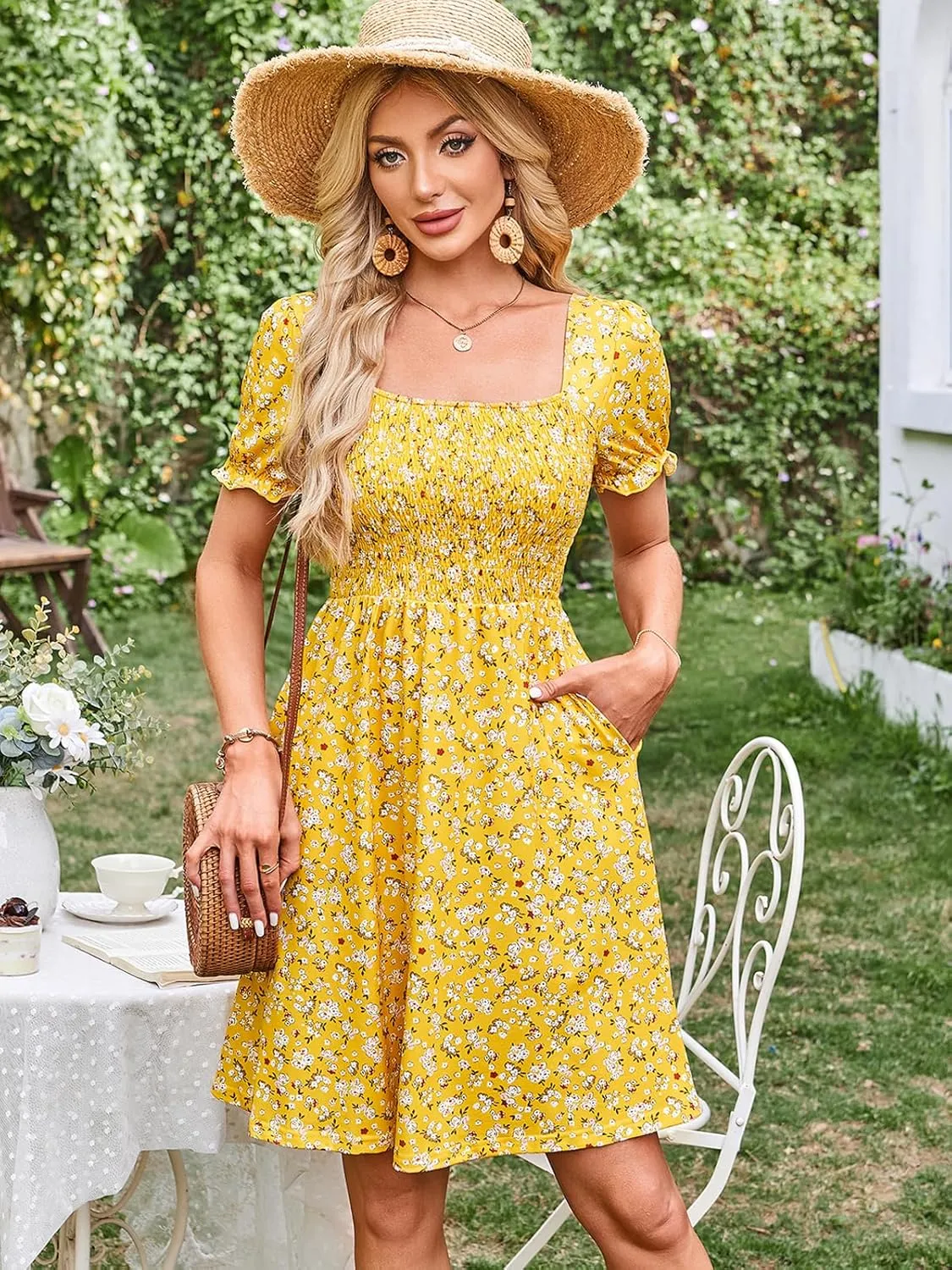Naggoo Women's Summer Dresses Puff Short Sleeve Square Neck Casual Boho Floral Smocked A Line Flowy Beach Dresses