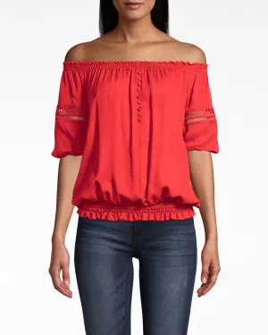 OFF THE SHOULDER LACE TRIM SMOCKED TOP in WATERMELON
