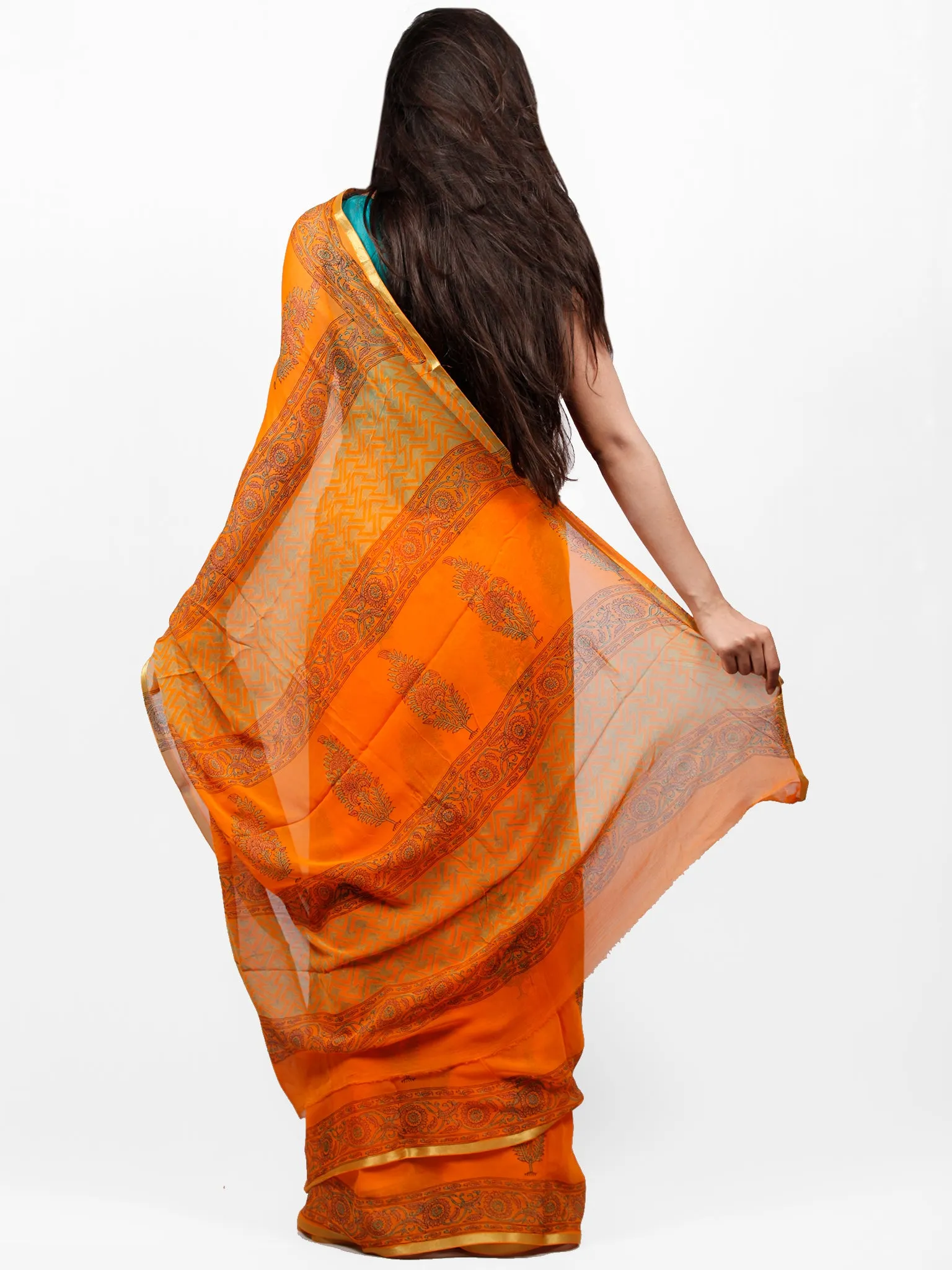 Orange Green Hand Block Printed Chiffon Saree with Zari Border - S031703279