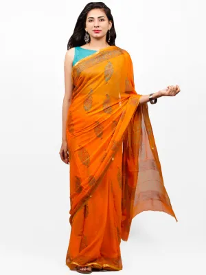 Orange Green Hand Block Printed Chiffon Saree with Zari Border - S031703279