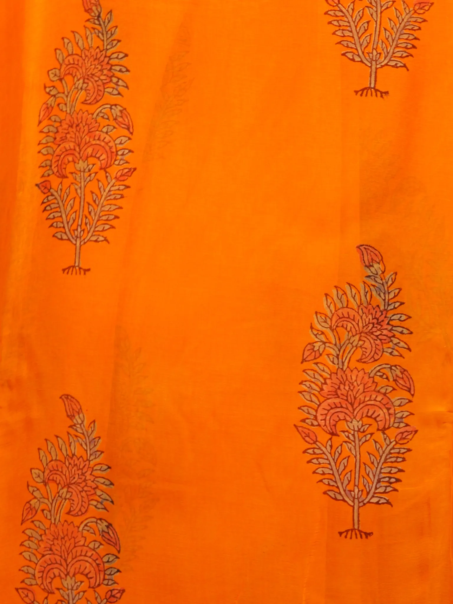 Orange Green Hand Block Printed Chiffon Saree with Zari Border - S031703279