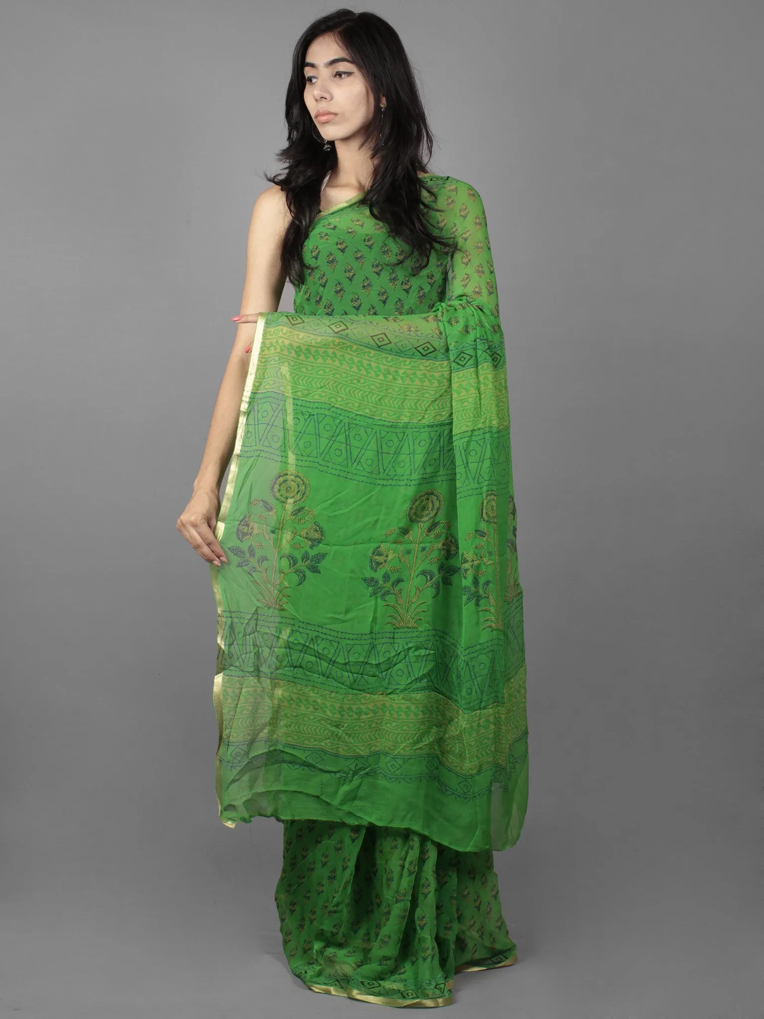 Parakeet Green Beige Black Hand Block Printed Chiffon Saree - S031701887