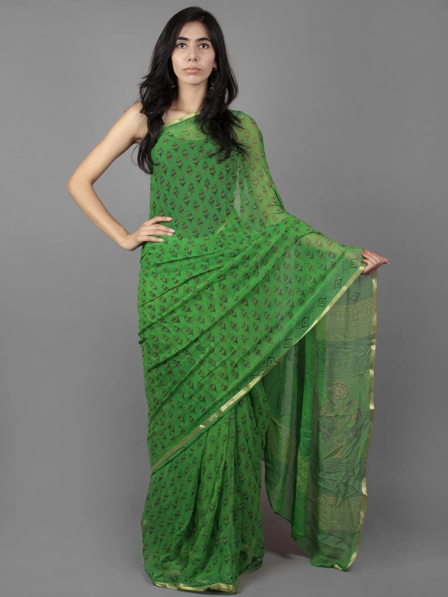 Parakeet Green Beige Black Hand Block Printed Chiffon Saree - S031701887