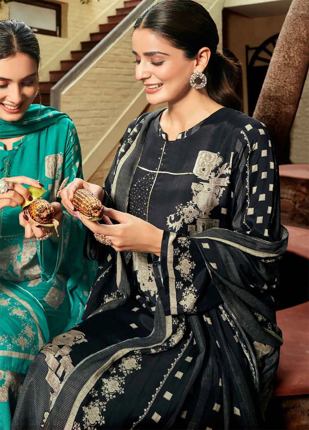 Party Wear Pure Muslin Unstitched Black Salwar Suit Material for Women