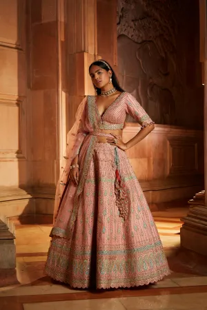 Peach Tafetta Lehenga Choli with a Worked Belt and Tulle Dupatta