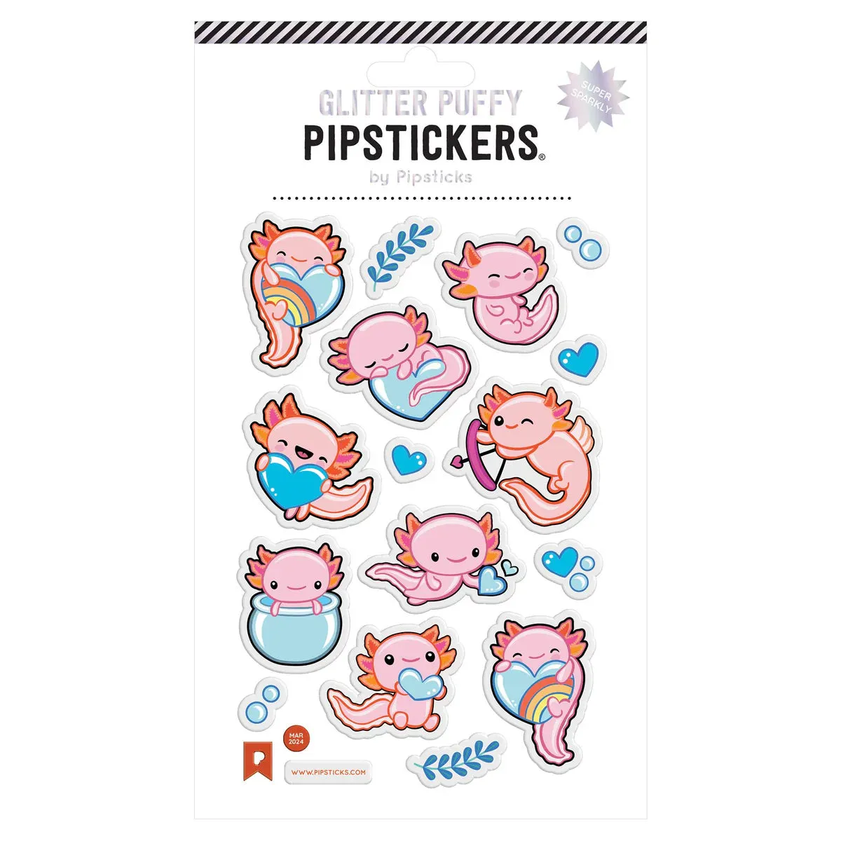 Pipsticks® 4'' x 6'' Glitter Puffy Sticker Sheet: Axolotl Fun