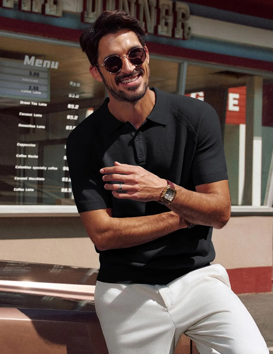PJ PAUL JONES Men's Polo Shirt Short Sleeve Textured Knit Button Shirts Raglan Sleeve Casual Golf Shirt