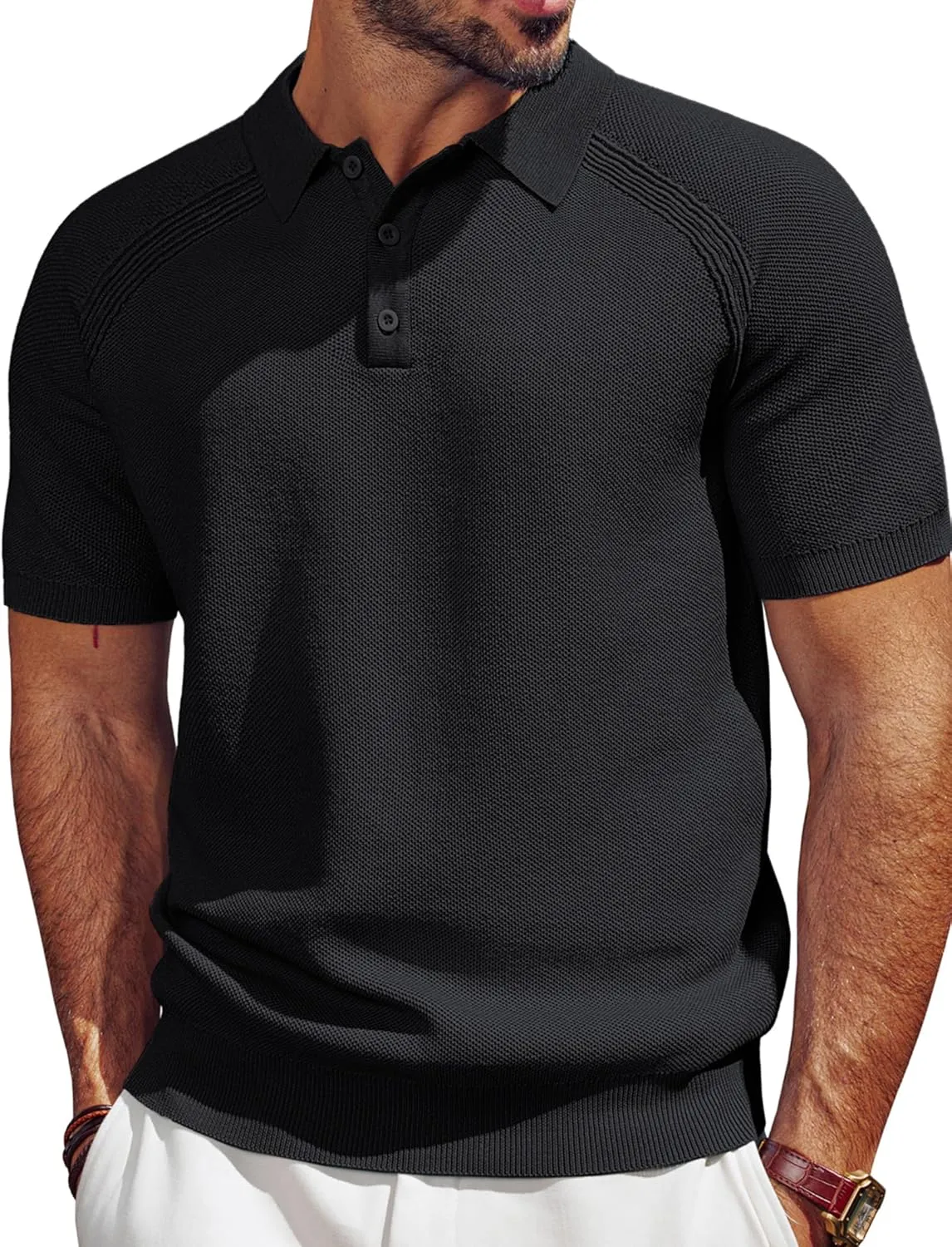 PJ PAUL JONES Men's Polo Shirt Short Sleeve Textured Knit Button Shirts Raglan Sleeve Casual Golf Shirt